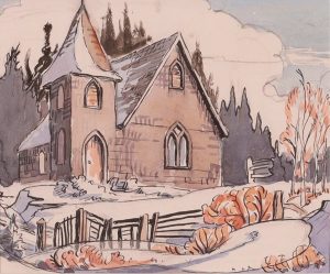Margaret Dorothy Shelton: CHURCH IN WINTER (MONTE CREEK, B.C.)