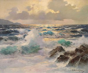 Alexander Dzigurski: WAVES CRASHING AGAINST THE ROCKS, LATE LIGHT