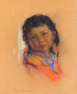 Nicholas de Grandmaison: PORTRAIT OF A GIRL WITH PIPE BEAD NECKLACE AND RED SHAWL
