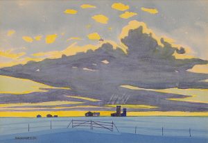 Robert Newton Hurley: PRAIRIE SCENE WITH GRAIN ELEVATORS AND DRAMATIC CLOUDS