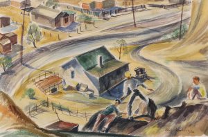 Bartley Robilliard (Bart) Pragnell: TOWN SCENE WITH THREE FIGURES