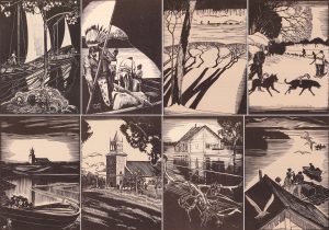 Walter Joseph Phillips (8): YORK BOATS UNDER SAIL; 1931 / UNLOADING THE PIECES-YORK BOATS; 1931 / RED RIVER IN WINTER; 1931 / DOGTEAMS ON THE RIVER; 1931 / DISTANT VIEW OF ST. ANDREW’S CHURCH 1850; 1931 / ST. ANDREW’S; 1931 / THE FLOOD OF 1857; 1931 / THE FLOOD (NUMBER TWO); 1931