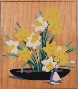 Alfred Joseph Casson: DAFFOLDILS WITH DELFT FIGURINE