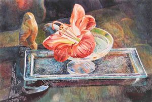 Mary Frances Pratt: AMARYLLIS FLOWER WITH TWO STONE BIRDS