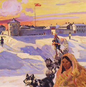 Thomas Wilberforce Mitchell: PEOPLE WITH A DOG SLED OUTSIDE FORT GARRY