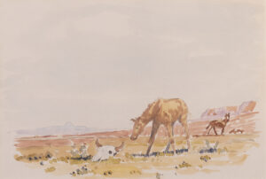 Roland Gissing: SOUTHERN ALBERTA LANDSCAPE WITH FOAL AND BISON SKULL