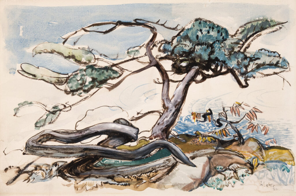 Arthur Lismer
JACK PINE, GEORGIAN BAY; 1932
watercolour on paper
12.75 x 18.25 in. (32.4 x 46.4 cm)
signed and dated lower right