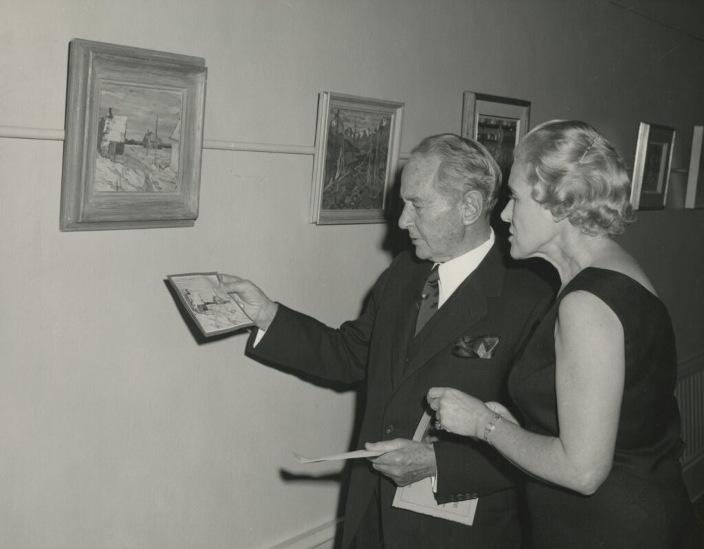 Lady Henrietta Banting at the Hart House Exhibition of paintings by Sir Frederick Banting, 1943.