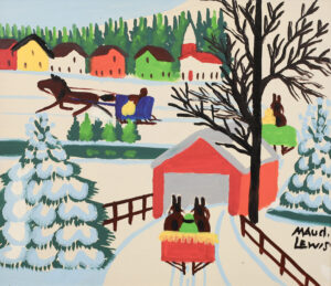 Maud Lewis: WINTER LANDSCAPE WITH COVERED BRIDGE AND SLEIGHS