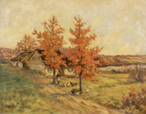 Berthe Des Clayes: AUTUMN SCENE – FEEDING THE CHICKENS